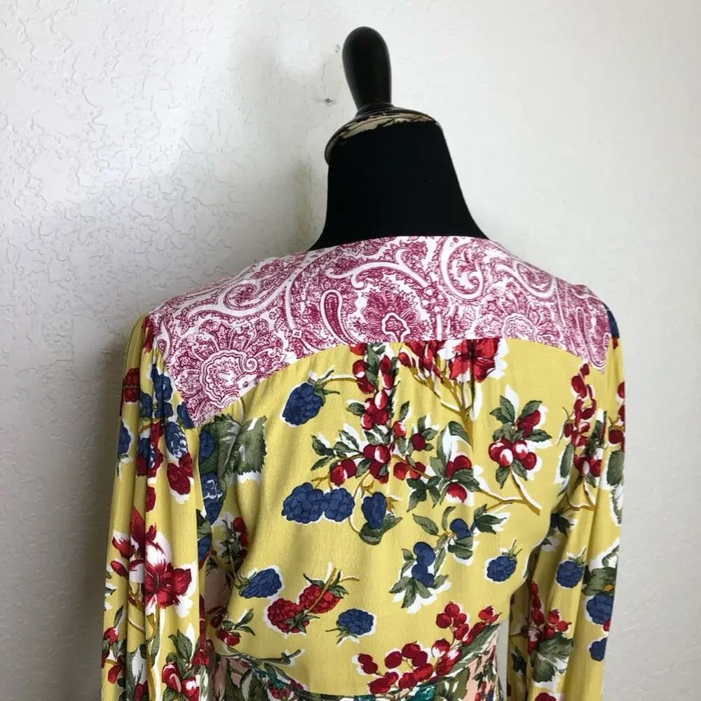 Anthropologie Meadow Rue yellow pink mixed floral wrap front top size 6 - Picture 12 of 16